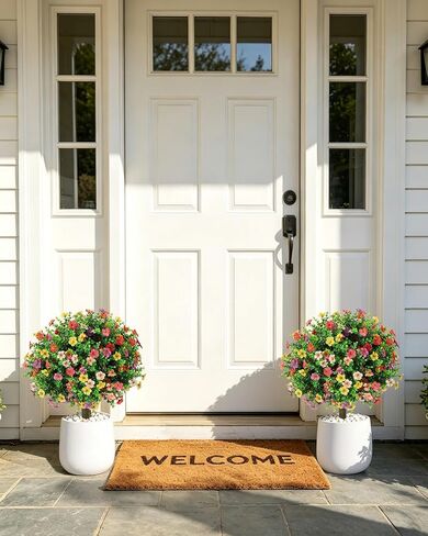 27.5" Artificial Boxwood Topiary Ball Trees with Colorful Flowers with Round Spike, Set of 2 UV Resistant Fake Bushes Outdoor Shrubs for Front Porch Planters, Weatherproof Faux Greenery Plants Decor in Kuwait