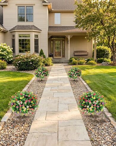 27.5" Artificial Boxwood Topiary Ball Trees with Colorful Flowers with Round Spike, Set of 2 UV Resistant Fake Bushes Outdoor Shrubs for Front Porch Planters, Weatherproof Faux Greenery Plants Decor in Kuwait