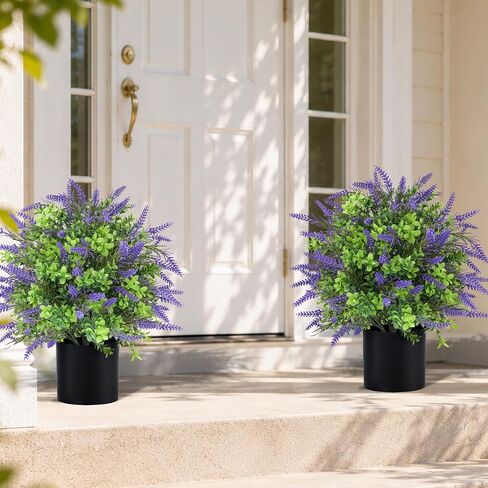 Artificial Lavender Flower Topiary Trees for Front Door UV Resistant Faux Outdoor Potted Plants, Spring Summer Greenery Fake Bushes for Front Door Farmhouse Garden Porch Outdoor Decor (Purple Flower) in Kuwait
