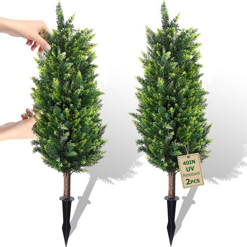 40inch Artificial Topiary Cedar Tree, 2 Sets Faux Cypress Topiary with Spikes, Cedar Ball Fake Bushes Shrubs Plants Tall Norfolk Pine Tree UV Resistant for Front Porch Outdoor Decor Pot Fillers in Saudi Arabia