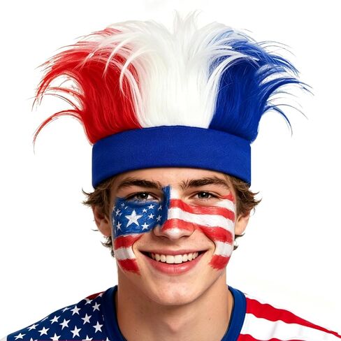 Patriotic Hairy Headband,Football Wig Hat Crazy Cheering Red White Blue Hair Hats for Adult,4th of July,Memorial Day,Independence Day,Sports Events,Halloween Troll Cosplay in Kuwait