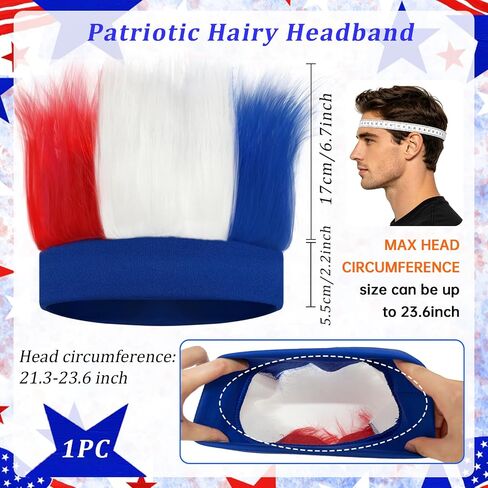 Patriotic Hairy Headband,Football Wig Hat Crazy Cheering Red White Blue Hair Hats for Adult,4th of July,Memorial Day,Independence Day,Sports Events,Halloween Troll Cosplay in Kuwait