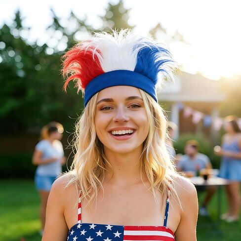 Patriotic Hairy Headband,Football Wig Hat Crazy Cheering Red White Blue Hair Hats for Adult,4th of July,Memorial Day,Independence Day,Sports Events,Halloween Troll Cosplay in Kuwait