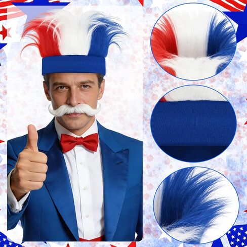 Patriotic Hairy Headband,Football Wig Hat Crazy Cheering Red White Blue Hair Hats for Adult,4th of July,Memorial Day,Independence Day,Sports Events,Halloween Troll Cosplay in Kuwait