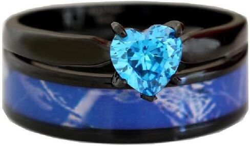 Black Plated Blue Camo Wedding Ring Set - Womens Engagement Rings - Cz Engagement Rings - Bridal Sets Wedding Rings - Cubic zirconia wedding sets - Blue Heart Ring in Saudi Arabia