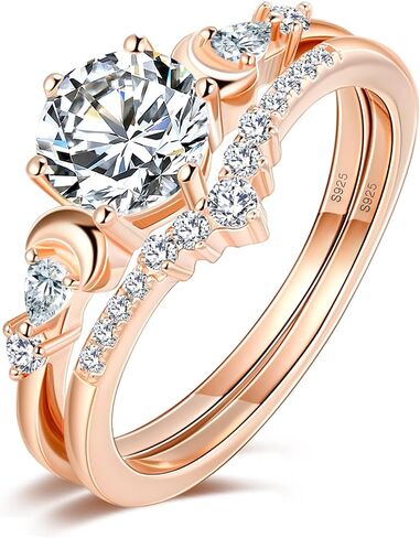 LEXUNE Wicca Pagan Triple Moon Goddess Ring Set For Women, 1.2CT 7.0mm Mossanite Ring, Rose Gold Plated Sterling S925 Silver Crescent Moon Ring, Bridal Wedding Ring Set Engagement Ring in Saudi Arabia