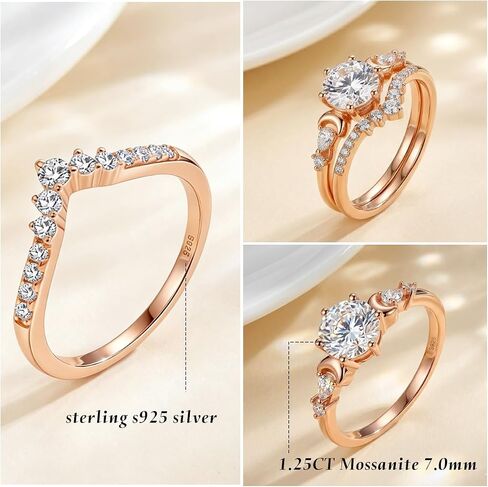 LEXUNE Wicca Pagan Triple Moon Goddess Ring Set For Women, 1.2CT 7.0mm Mossanite Ring, Rose Gold Plated Sterling S925 Silver Crescent Moon Ring, Bridal Wedding Ring Set Engagement Ring in Saudi Arabia