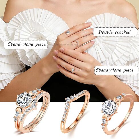 LEXUNE Wicca Pagan Triple Moon Goddess Ring Set For Women, 1.2CT 7.0mm Mossanite Ring, Rose Gold Plated Sterling S925 Silver Crescent Moon Ring, Bridal Wedding Ring Set Engagement Ring in Saudi Arabia