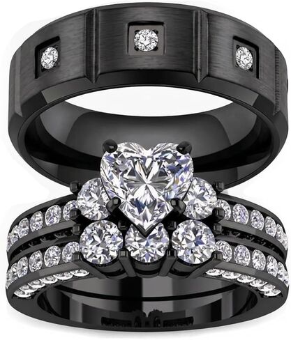 TWO RINGS His Hers Wedding Ring Sets Couples Rings Women's 18k Yellow Gold White CZ Wedding Engagement Ring Bridal Sets & Men's Titanium steel Wedding Band RINGS in Kuwait