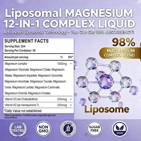 Magnesium 12 in 1 Complex 1000mg Supplement for Women & Men, High Absorption Liquid Magnesium W/Glycinate Citrate Malate Taurate Oxide Aspartate Orotate, Calm Magnesium for Sleep Muscle Heart Support in Saudi Arabia