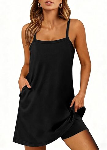 Faleave Women's Summer Sleeveless Mini Athletic Dress Built-in Shorts Square Neck Spaghetti Straps Sundress with Pockets in Kuwait