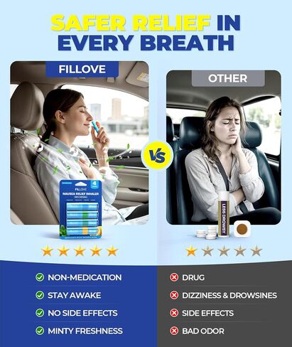 FILLOVE 1s Fast Nausea Relief Nasal Stick with 2-in-1 Motion Sickness Ease, 100% Natural Essential Oils for Pregnant Women, Non-Drowsy Travel Essentials & Cruise Essentials for Car, Airplane in Saudi Arabia