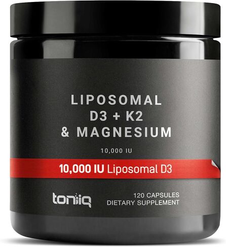 Toniiq 10,000 IU Liposomal Vitamin D3 K2 مكمل المغنيسيوم - 200mcg All-Trans MK-7 و300mg Liposomal Magnesium Glycinate - مع الزنك والبورون - نباتي - تم اختباره من قبل طرف ثالث - 120 كبسولة in Kuwait