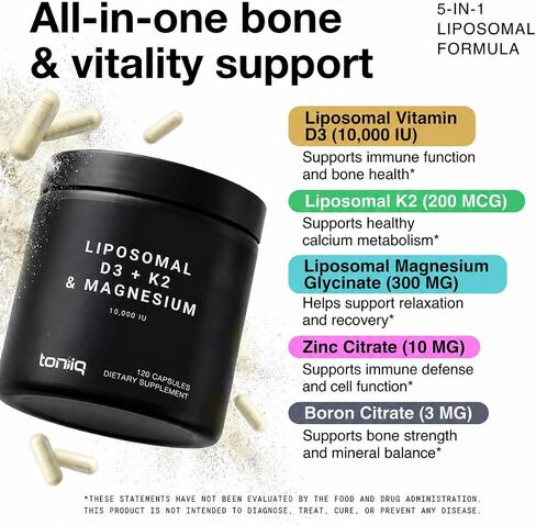 Toniiq 10,000 IU Liposomal Vitamin D3 K2 مكمل المغنيسيوم - 200mcg All-Trans MK-7 و300mg Liposomal Magnesium Glycinate - مع الزنك والبورون - نباتي - تم اختباره من قبل طرف ثالث - 120 كبسولة in Kuwait