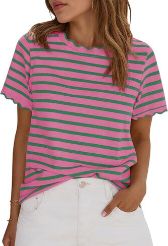 Tankaneo Womens Short Sleeve Striped Tshirts Summer Color Block Scalloped Tops Trendy Casual Basic Tee Shirts in Kuwait