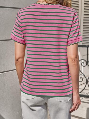 Tankaneo Womens Short Sleeve Striped Tshirts Summer Color Block Scalloped Tops Trendy Casual Basic Tee Shirts in Kuwait