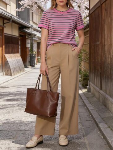 Tankaneo Womens Short Sleeve Striped Tshirts Summer Color Block Scalloped Tops Trendy Casual Basic Tee Shirts in Kuwait