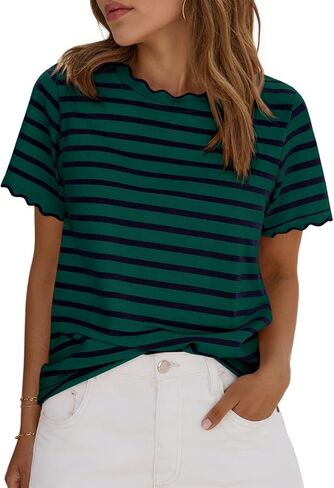 Tankaneo Womens Short Sleeve Striped Tshirts Summer Color Block Scalloped Tops Trendy Casual Basic Tee Shirts in Kuwait