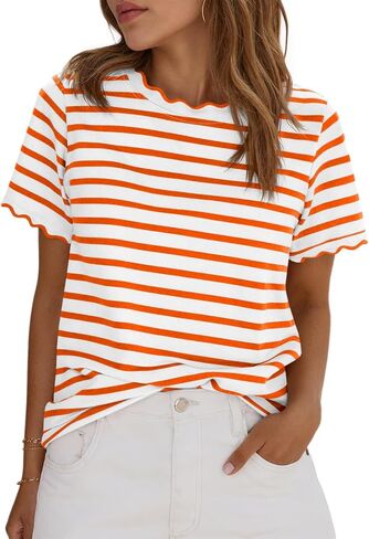 Tankaneo Womens Short Sleeve Striped Tshirts Summer Color Block Scalloped Tops Trendy Casual Basic Tee Shirts in Kuwait