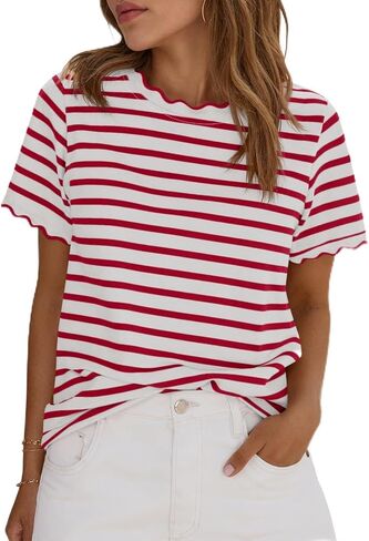 Tankaneo Womens Short Sleeve Striped Tshirts Summer Color Block Scalloped Tops Trendy Casual Basic Tee Shirts in Kuwait