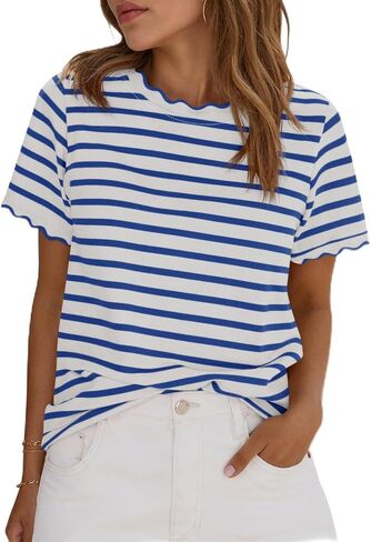Tankaneo Womens Short Sleeve Striped Tshirts Summer Color Block Scalloped Tops Trendy Casual Basic Tee Shirts in Kuwait
