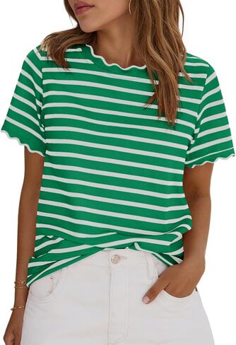 Tankaneo Womens Short Sleeve Striped Tshirts Summer Color Block Scalloped Tops Trendy Casual Basic Tee Shirts in Kuwait
