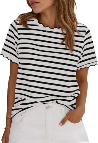 Tankaneo Womens Short Sleeve Striped Tshirts Summer Color Block Scalloped Tops Trendy Casual Basic Tee Shirts in Kuwait
