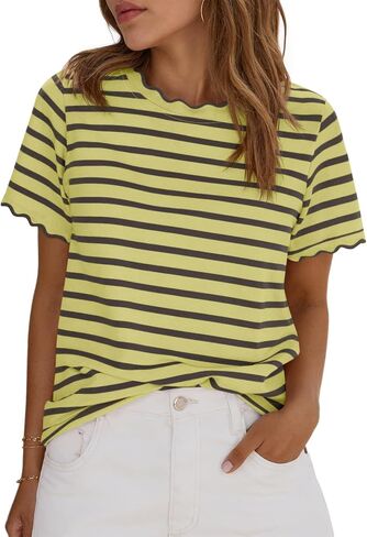 Tankaneo Womens Short Sleeve Striped Tshirts Summer Color Block Scalloped Tops Trendy Casual Basic Tee Shirts in Kuwait