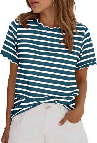 Tankaneo Womens Short Sleeve Striped Tshirts Summer Color Block Scalloped Tops Trendy Casual Basic Tee Shirts in Kuwait