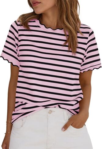 Tankaneo Womens Short Sleeve Striped Tshirts Summer Color Block Scalloped Tops Trendy Casual Basic Tee Shirts in Kuwait