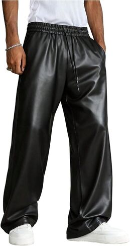 GORGLITTER Men's Leather Pants Y2K PU Baggy Wide Leg Pants Punk Disco Rave Trousers with Pockets Streetwear in Kuwait