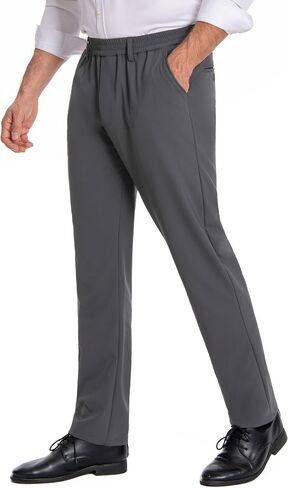 voeeron Mens Elastic Waist Pants for Seniors Zipper Fly Relaxed Fit Stretch Pants with Elastic Waistband in Kuwait