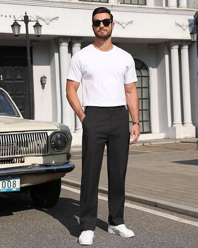 Men's Dress Pants Classic Fit Elastic Waist Wrinkle Resistant Slacks Business Casual Flat Front Golf Chino Trousers in Saudi Arabia