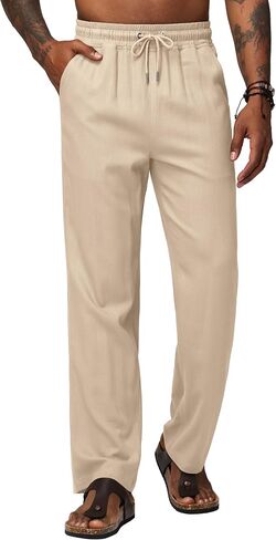 Men's Linen Pants Casual Linen Dress Pants Drawstring Lightweight Trousers for Beach Summer 28" 30" in Saudi Arabia
