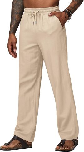 Men's Linen Pants Casual Linen Dress Pants Drawstring Lightweight Trousers for Beach Summer 28" 30" in Saudi Arabia