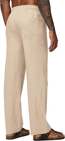 Men's Linen Pants Casual Linen Dress Pants Drawstring Lightweight Trousers for Beach Summer 28" 30" in Saudi Arabia