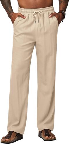 Men's Linen Pants Casual Linen Dress Pants Drawstring Lightweight Trousers for Beach Summer 28" 30" in Saudi Arabia