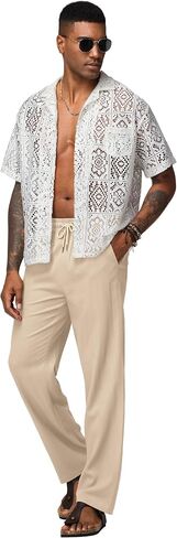 Men's Linen Pants Casual Linen Dress Pants Drawstring Lightweight Trousers for Beach Summer 28" 30" in Saudi Arabia