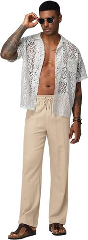 Men's Linen Pants Casual Linen Dress Pants Drawstring Lightweight Trousers for Beach Summer 28" 30" in Saudi Arabia