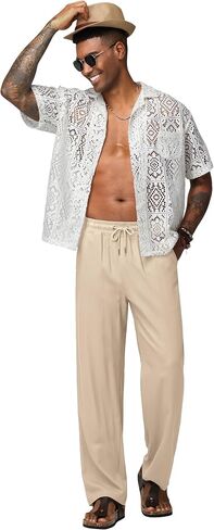Men's Linen Pants Casual Linen Dress Pants Drawstring Lightweight Trousers for Beach Summer 28" 30" in Saudi Arabia