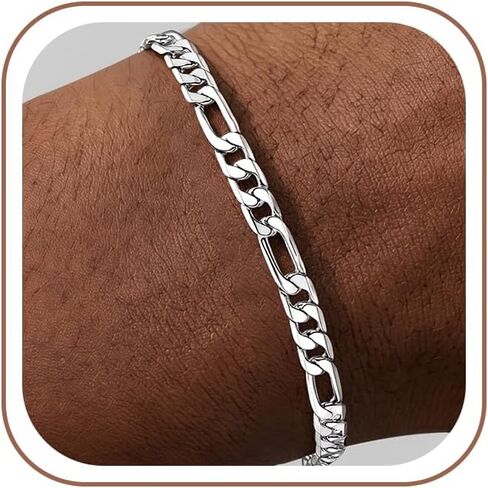 925 Sterling Silver Figaro Link Chain Bracelet for Men Exquisite and Durable 6 mm Wide, 7 to 8.5 IN, Jewelry Gifts for Men in Saudi Arabia