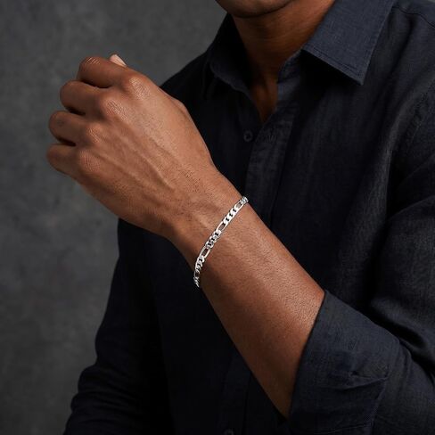 925 Sterling Silver Figaro Link Chain Bracelet for Men Exquisite and Durable 6 mm Wide, 7 to 8.5 IN, Jewelry Gifts for Men in Saudi Arabia