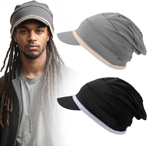 Twistover 2 Pcs Slouchy Visor Beanie for Men 100% Cotton Jamaica Hat Hippie-Style Skater Beanie Summer Soft Foldable Cap for Men Black, Gray in Saudi Arabia