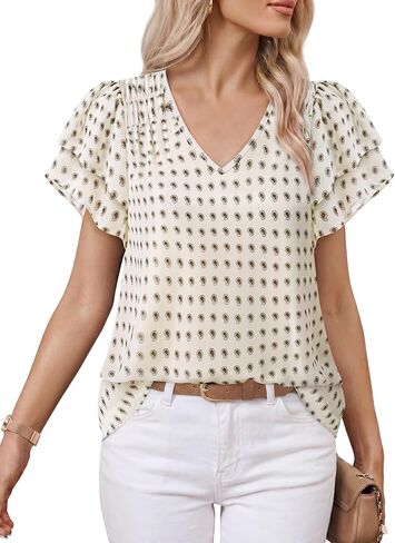 Lotusmile Womens Summer Chiffon Dressy Casual Blouses Flowy Ruffle Short Sleeve V Neck Work Business Tops in Saudi Arabia