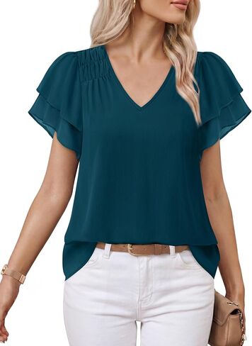 Lotusmile Womens Summer Chiffon Dressy Casual Blouses Flowy Ruffle Short Sleeve V Neck Work Business Tops in Saudi Arabia