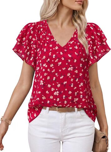 Lotusmile Womens Summer Chiffon Dressy Casual Blouses Flowy Ruffle Short Sleeve V Neck Work Business Tops in Saudi Arabia