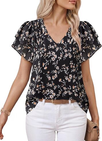 Lotusmile Womens Summer Chiffon Dressy Casual Blouses Flowy Ruffle Short Sleeve V Neck Work Business Tops in Saudi Arabia