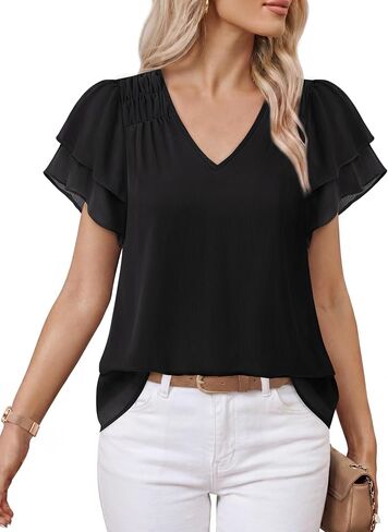 Lotusmile Womens Summer Chiffon Dressy Casual Blouses Flowy Ruffle Short Sleeve V Neck Work Business Tops in Saudi Arabia