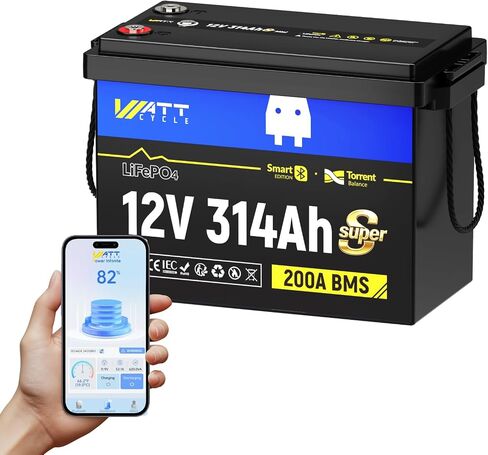 WattCycle 12V 314Ah Mini LiFePO4 Lithium Battery with Bluetooth 5.0, 200A BMS, 4.01kWh Energy, Low-Temp Protection, 10+ Years Lifespan, for RV, Marine, Camping, Solar Off-Grid in Saudi Arabia