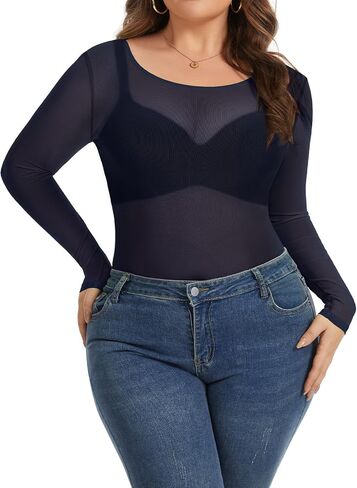 Women's Mesh Tops Sheer Plus Size See Through Long Sleeve Shirts Bodycon Crew Neck Blouse 2026 in Saudi Arabia